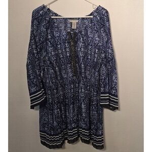 Catherines Tunic Top 2X Blue Abstract Print 3/4 Sleeve Beaded Boho Sexy Flow